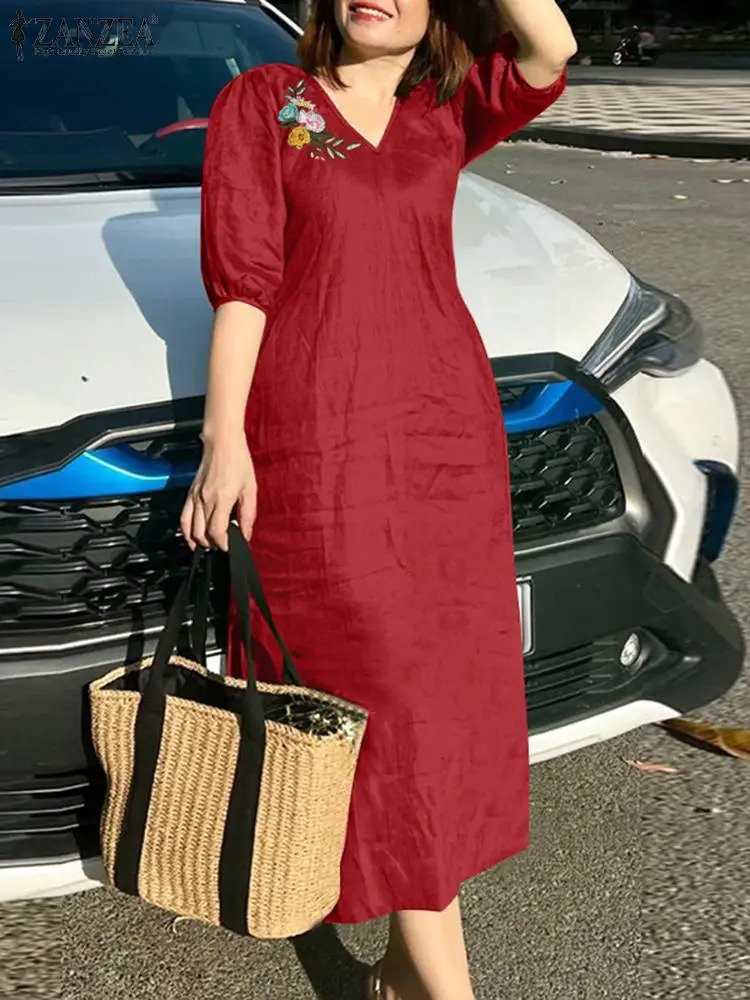 ZANZEA Women V Neck Aline Dresses Solid Holiday Casual 2024 Summer Commute Half Sleeve Floral Embroidery Midi Dress 250207