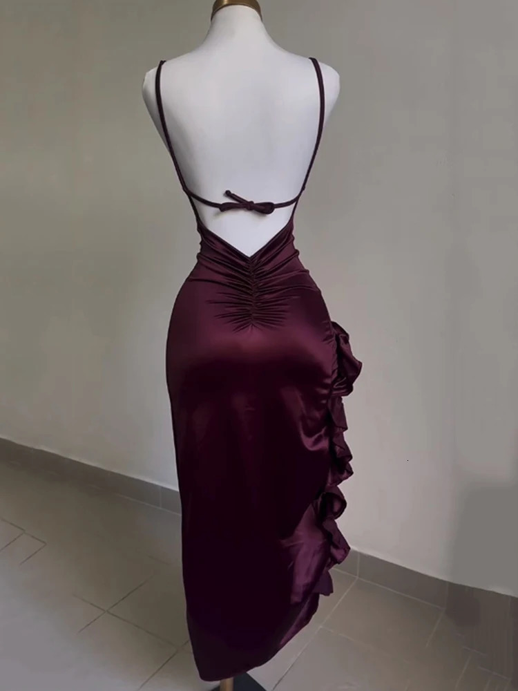 Sexy backless sleeveless Midi dress for women pleated high slit party club body street evening elegant womens clothing 250207