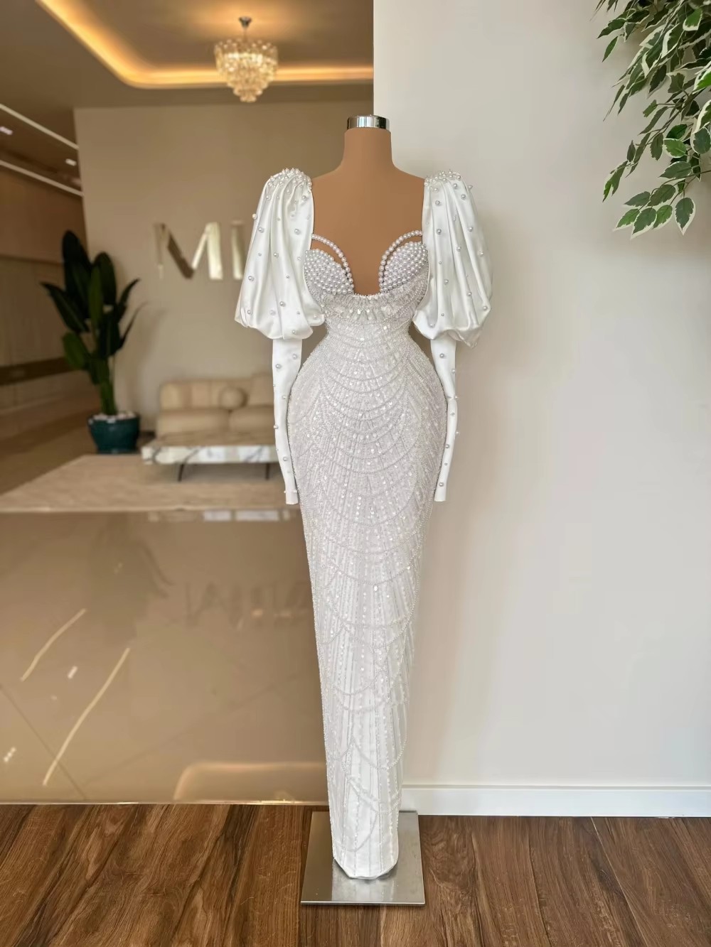 Sheer Neck Long Sleeve Wedding Dress with Pearls & Lace, Sweep Train Bridal Gown, Custom Made