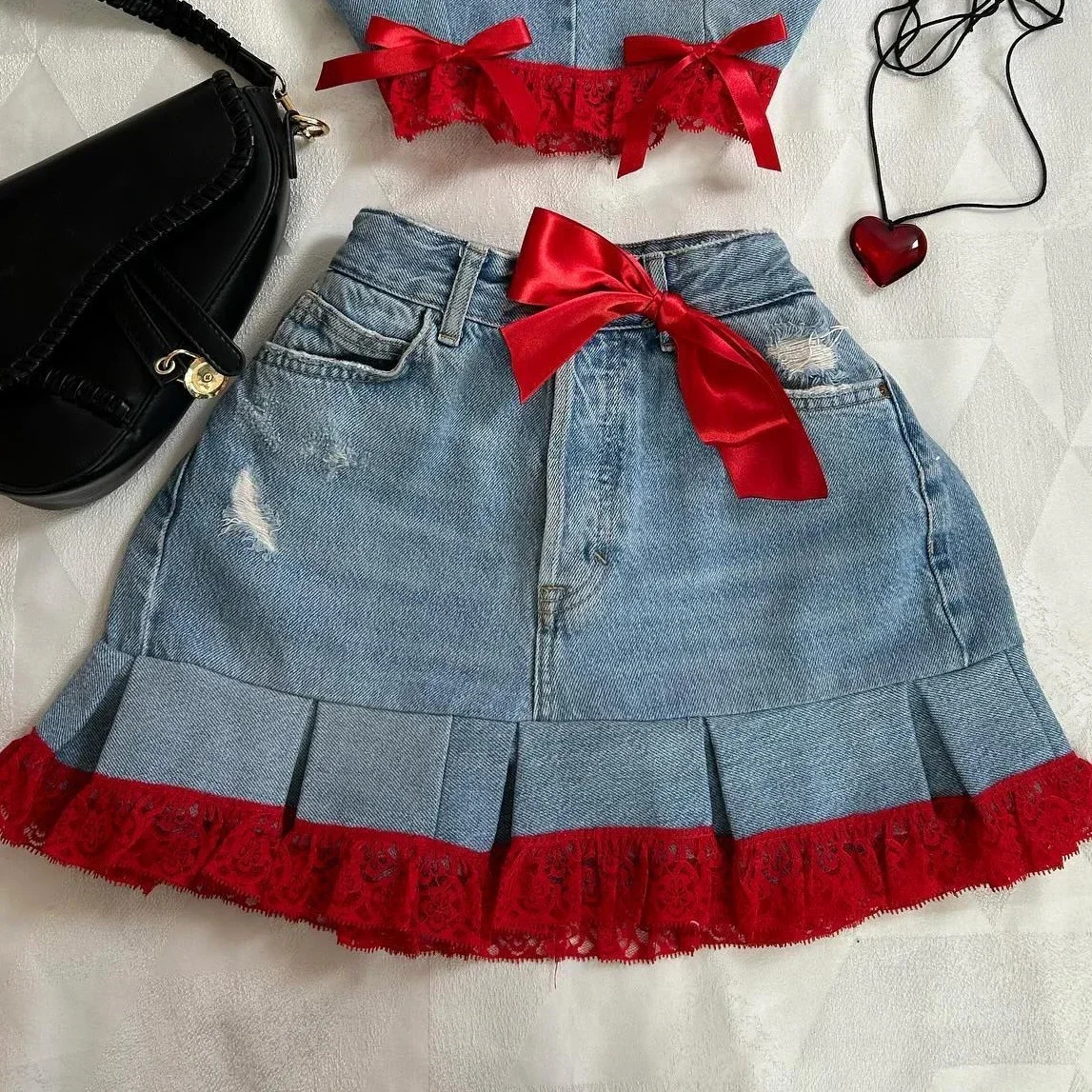 Harajuku Sexy Bow Slim Tube Y2K Fashion Outfits Denim Skirt Suit Tops Low Waist Mini Goth Kawaii Womens Clothing 250206