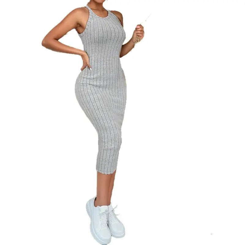Solid Halter Neck Bodycon Dress Dodycon Fashion Ribbed Midi Sleeveless Knit Tank 250207