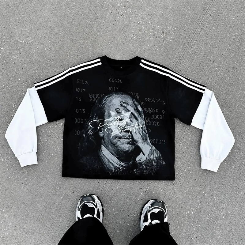 Y2K Fashion Long sleeves T Shirt American street Retro Print Loose Sweatshirt Men Women Pure Cotton Round Neck T Shirt Tops 250208