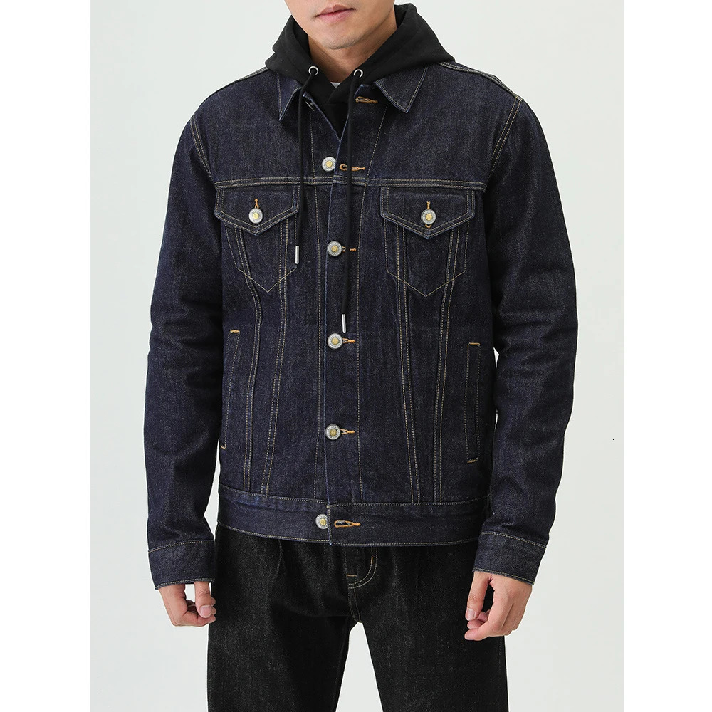 Casual Classic Selvedge Denim Jacket For Men Amekaji Vintage Black Solid Color Mens Coat 250207