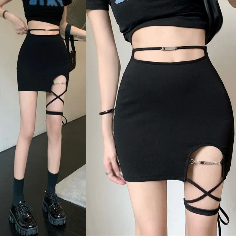 Womens Asymmetrical Skirt Black High Waist Gothic Punk Dance Mini Short Skirts Bodycon Clubwear 250208Z