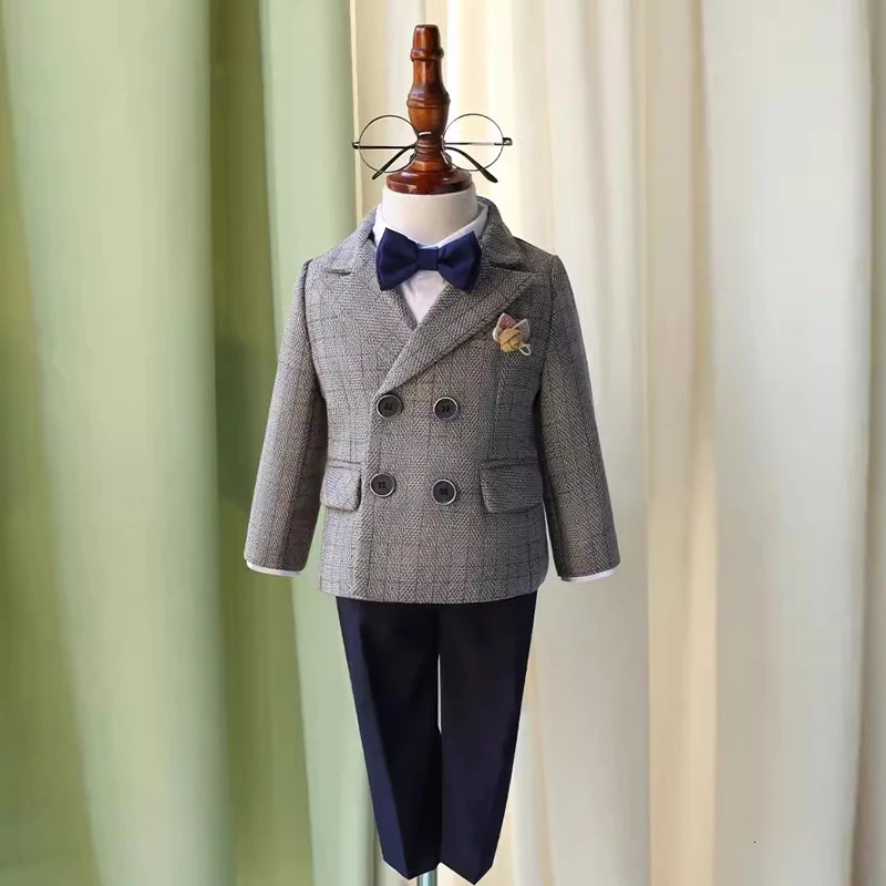 Boys Formal Plaid Dress Suit Set Child Wedding Birthday Party Performance Pography Costume Kids Blazer Pants Bowtie Clothes 250114