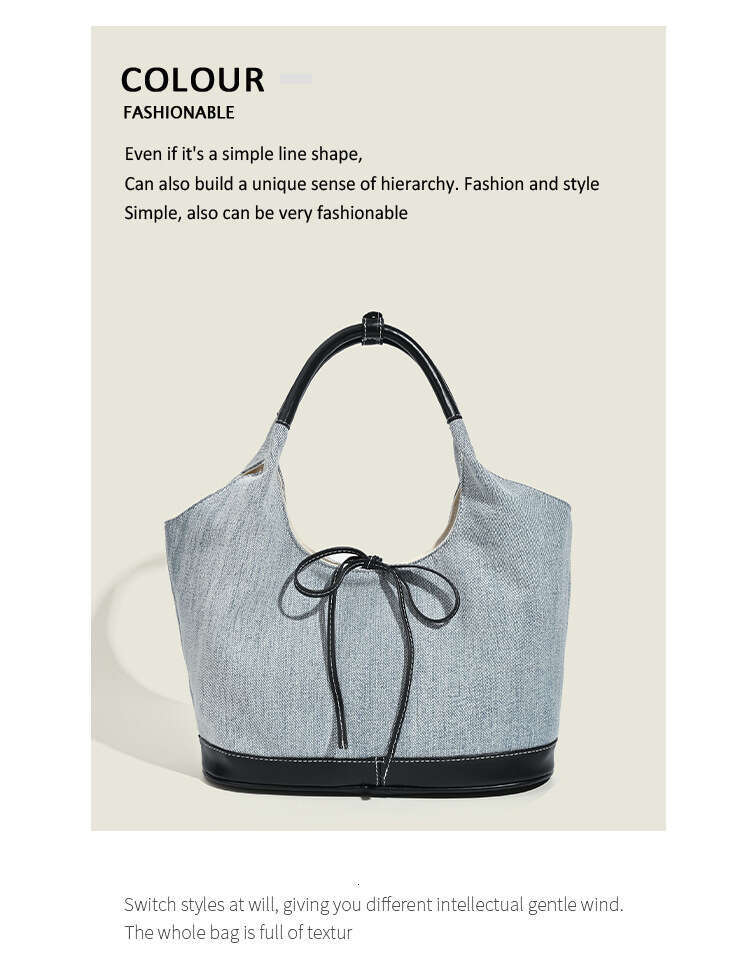 Korean Niche French Bow Tote Splicing Simple Commuting Versatile Shoulder Solid Color Casual Large Bag