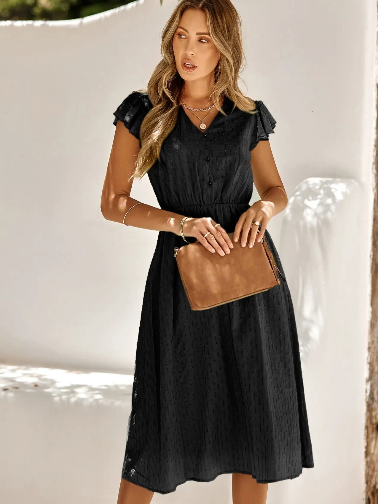 2023 Summer Dres Casual Solid Vneck High Waist Fresh Wind Midi Dresses for Women Elegant White Dress 250207