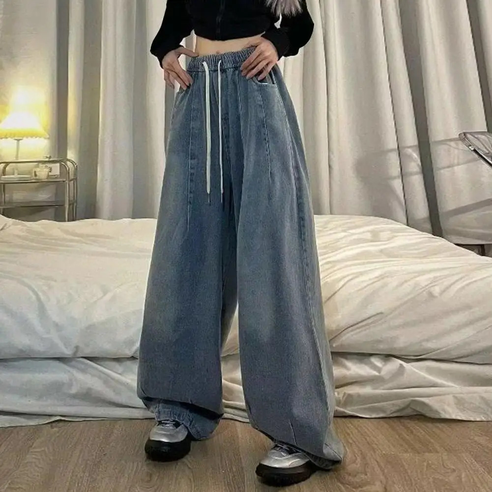 Loose Jeans Unisex Denim Jeans Vintage Wide Leg Denim Jeans with Elastic Waist Deep Crotch Pockets Womens Streetwear for Hip 250206