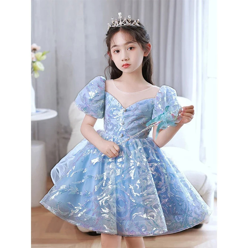 Kids Birthday Party Dresses for Little Girl Size 2 To 14 Years Prom Sequin Dress Gowns Sky Blue Evening Formal Frock 250114