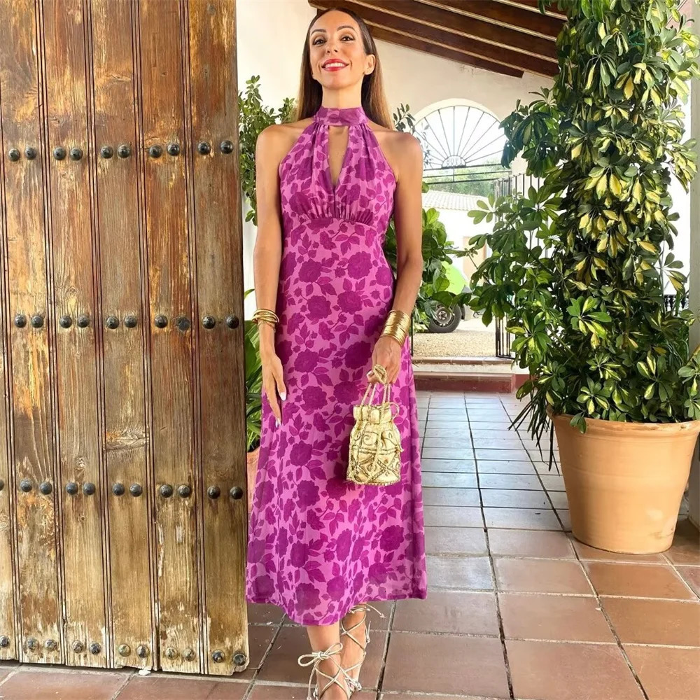 TRAF 2024 Summer Product Womens Stylish Sexy Open Back Sleeveless Hanging Neck Collar Slimming Printed Midi Dress 250207