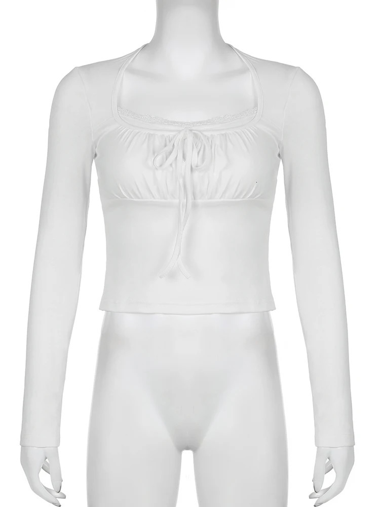 Rockmore Lace Stitching Kawaii TShirts Long Sleeve Spring Autumn Women Slim Casual Square Collar Basic Bottoming Pullover Tops 250208Z