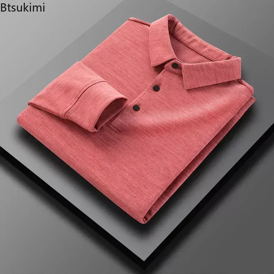2025 Mens Casual Warm Shirts Tops Solid Autumn Winter Thick Long Sleeve Polo Male TShirt Business Formal Basic 250207