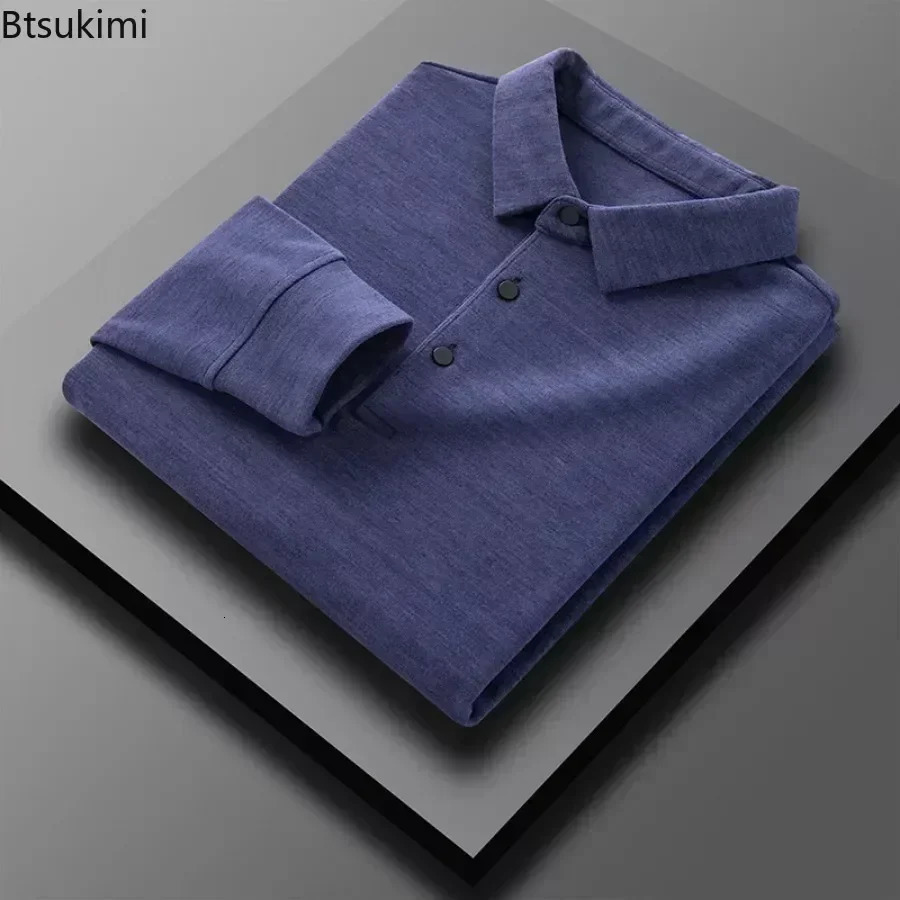 2025 Mens Casual Warm Shirts Tops Solid Autumn Winter Thick Long Sleeve Polo Male TShirt Business Formal Basic 250207