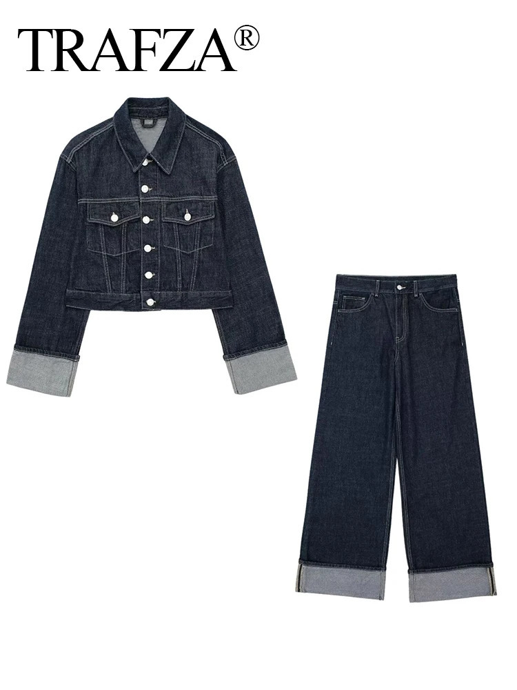 TEAFZA Vintage Women Patchwork Denim Jacket Pant Sets Long Sleeve Cropped CoatHigh Waist Wide Leg Pants Streetwear Suit 250207