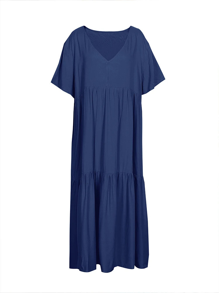 Plus Size Dres 2024 Summer VNeck Short Sleeve Pleated Solid Color Casual Midi Dress Hem Loose XL5XL 250207