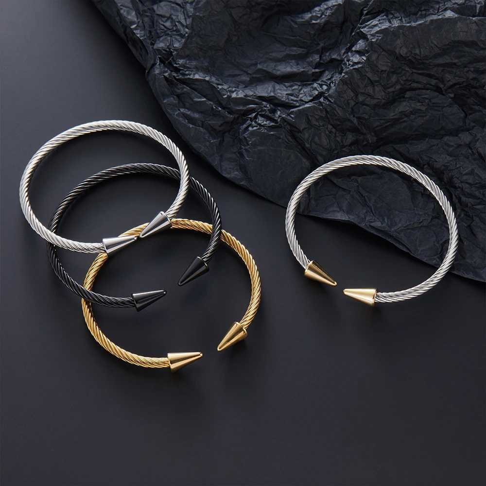 Two conical stainless steel C-shaped bracelets with twisted steel wire design classic punk style jewelry Y250208