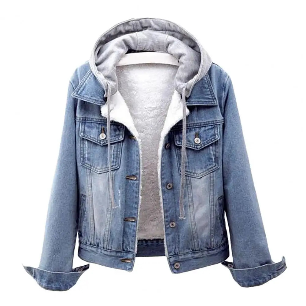 Womens Winter Jacket Hooded Solid Long Sleeves Detachable Hat Thick Keep Warm Singlebreasted Plus Size Plush Denim Coat 250208Z
