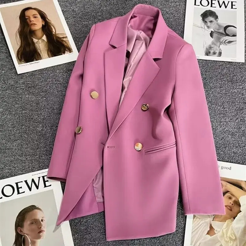 Solid Casual Coat Metal Buckle Small Suit Womens Jacket Clothing Summer Double Breasted Office Lady Elegant Blazers Thin Autumn 250208