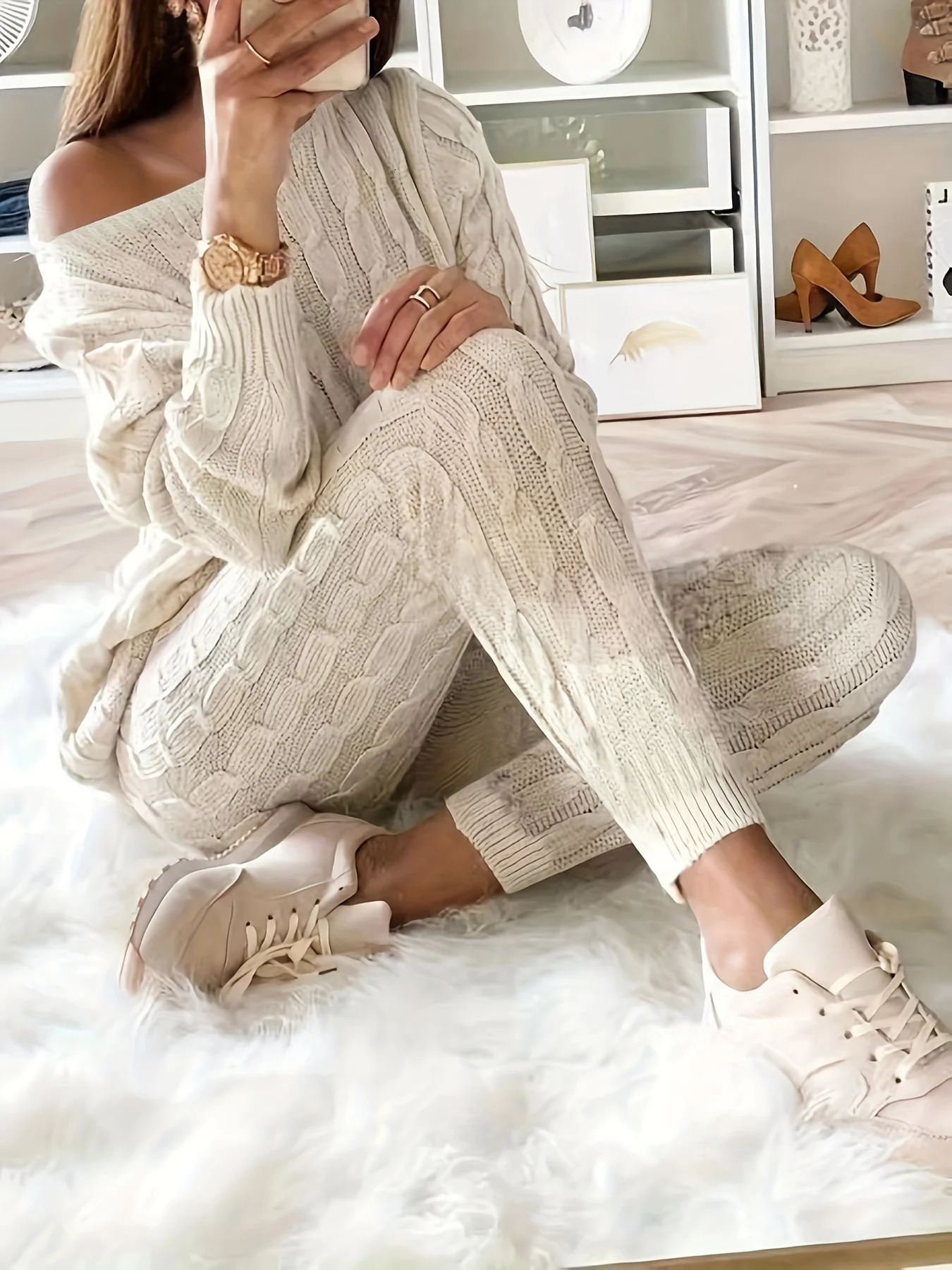 Solid knit matching two-piece casual long sleeved sweater and pants for womens wear 250207
