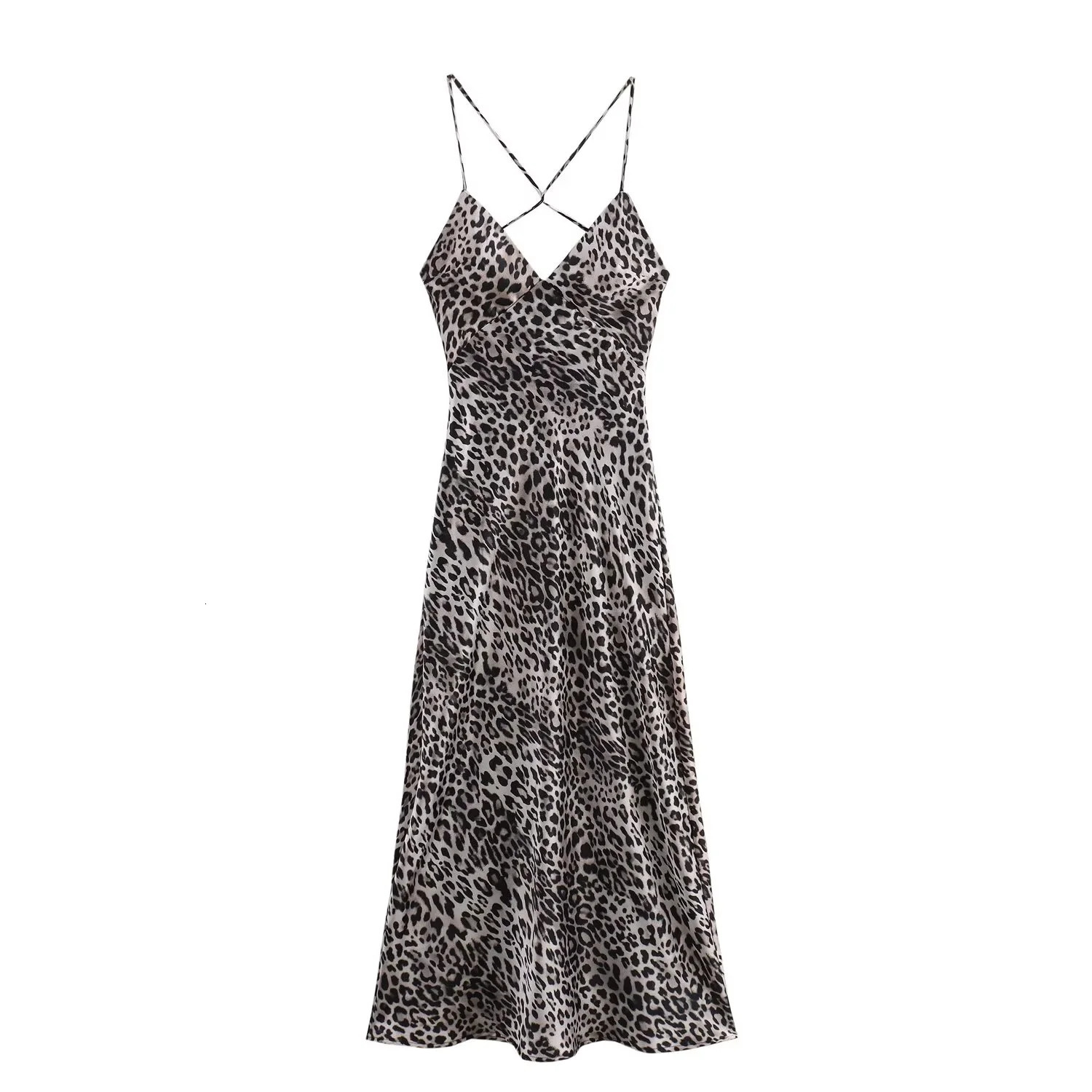 2024 Autumn Vneck European And American Style Fashionable Silk Satin Texture Leopard Print Suspender Backless MIDI Dress 250207