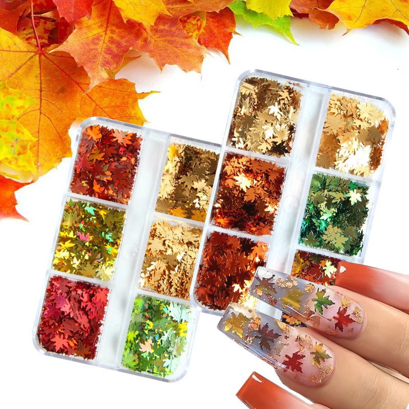 6 Grids Holographic Nail Art Glitter Sequins Maple Leaves Laser Star Heart Paillette Flake DIY Manicure 3D Decoration Tools 250115