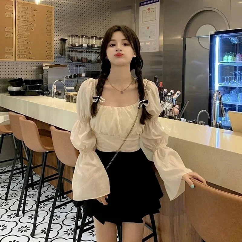 Back Puff Sleeve Shirts Women Autumn French Bow Bandage Blouses Black Pink Square Neck Cropped Tops Female 250121