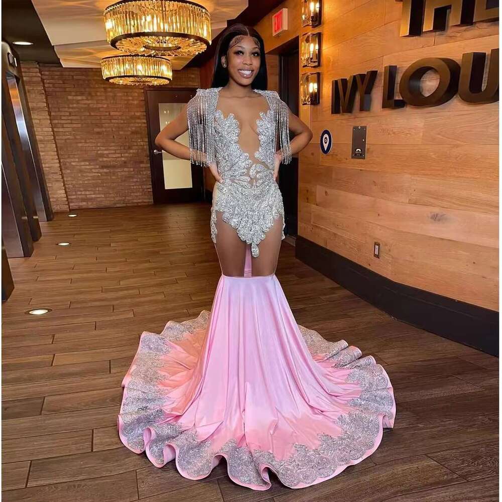 Pink African American Prom Mermaid Sheer Appliques Beaded Black Girls Robe De Soiree Evening Dresses Gown Customized 6660311