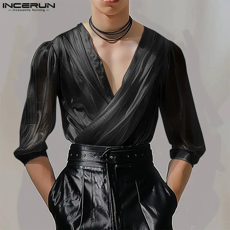 Fashion Well Fitting Tops INCERUN Mens Matte Fabric Swing Collar T-shirts Summer Casual Solid Long Sleeved Shirt S-5XL 250207