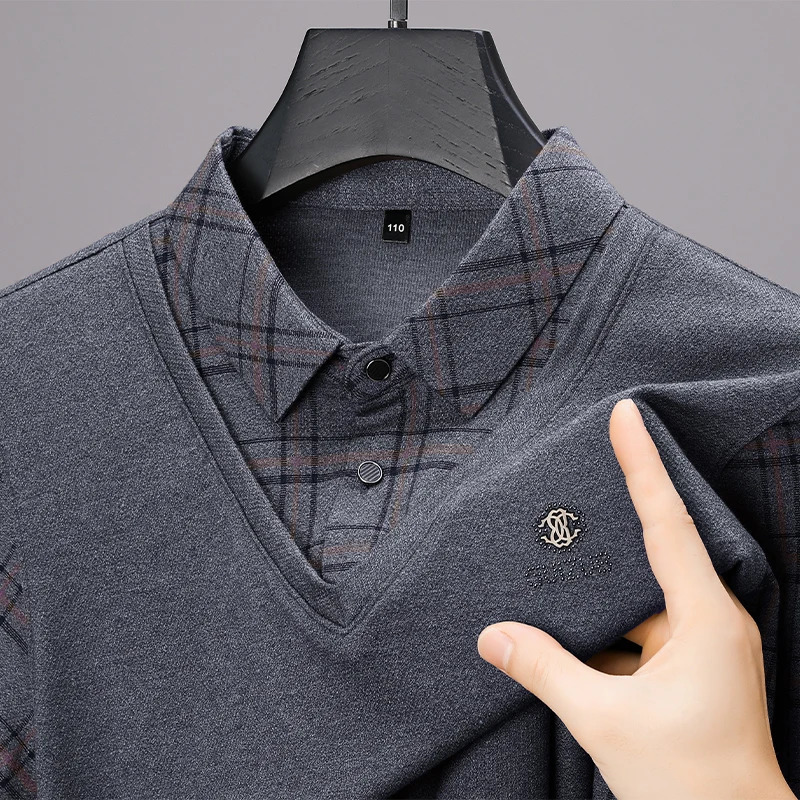 2024 Autumn Mens Polo Zipper Collar Solid Smooth Splicing Two piece Long Sleeve Tshirt Underwear Korean Fashion Top 250207