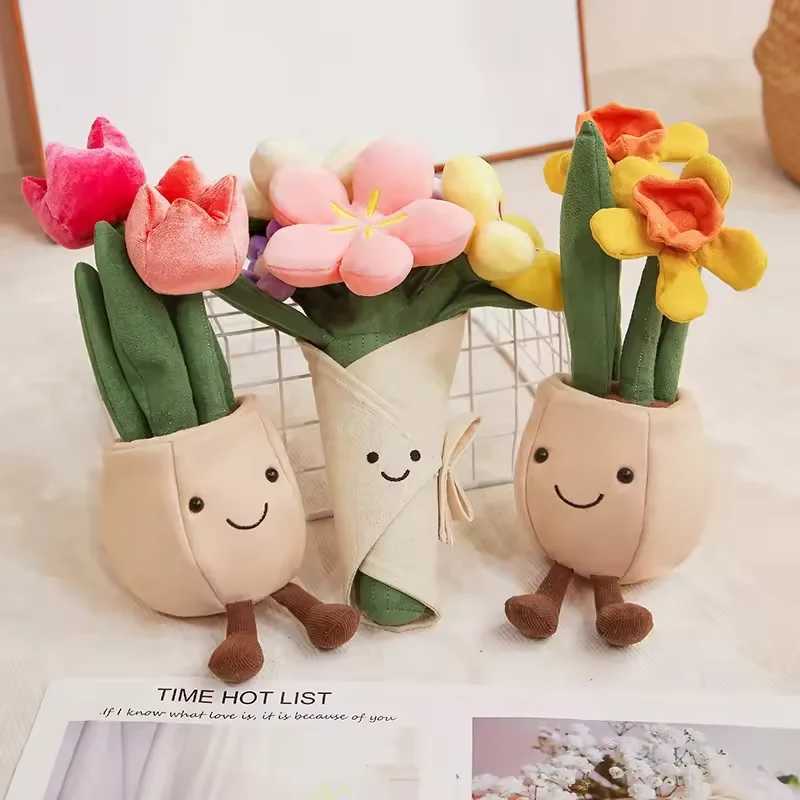 Valentines Day Plush Rose Flower Stuffed Bouquet Blossom Narcissus Tulip Succulent Potted Creative Room Decor Girl Friend Gift Free shipping