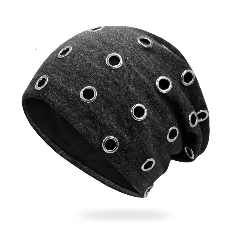 Szblaze Unisex Winter Thermal Punk Style Hat Beanies Skullies With Metal Rings Hip Hop Casual Caps for 56cm to 60cm Heads 250221