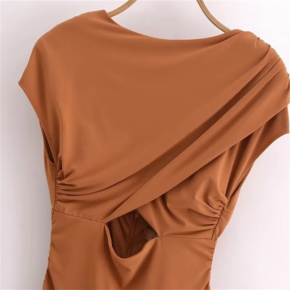 TRAF Autumn product womens warm simple open n pleated short sleeved slim fit backless long skirt Midi dress 250207