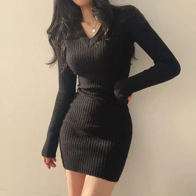 Women Knit Slim Sexy Bodycon Dress VNeck Long Sleeve Solid Casual Midi Sweater For 2024 Autumn Winter 250207