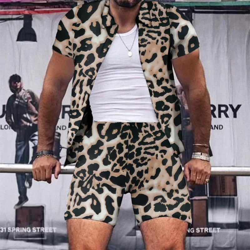 Mens Clothes Trend Men Sets Leopard Print Two Piece Outfits Street Casual Printing Shortsleeved Shirt Shorts Fashion Suit 250207