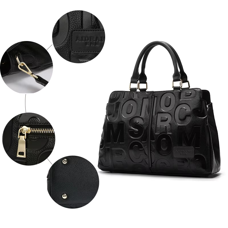 Aidrani letter printed genuine leather women's handbag with large capacity black cowhide single shoulder crossbody bag