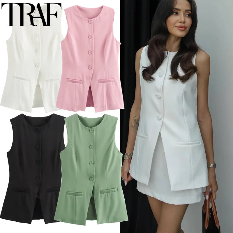 TRAF Womens Vests Sleeveless White Black Pink Vest Women Office Wear Long Woman Outerwears Casual Button Green Suit 250207