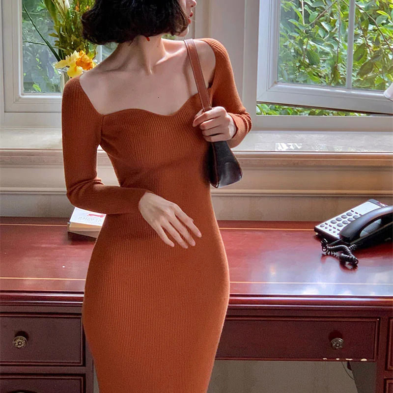 Croysier Dresses For Women Sexy Strapless Ribbed Knitted Bodycon Dres Winter Long Sleeve Midi Sweater Dress Clothes 250207