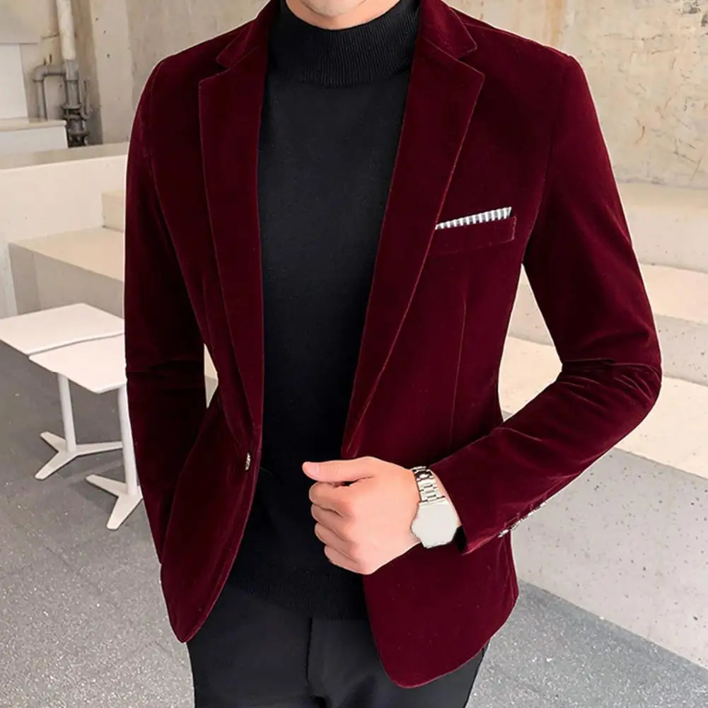 Velvet Men Blazer Temperament Turndown Collar Single Button Slim Fit Suit Coat Elegant Lining Male Formal Jacket 250208Z