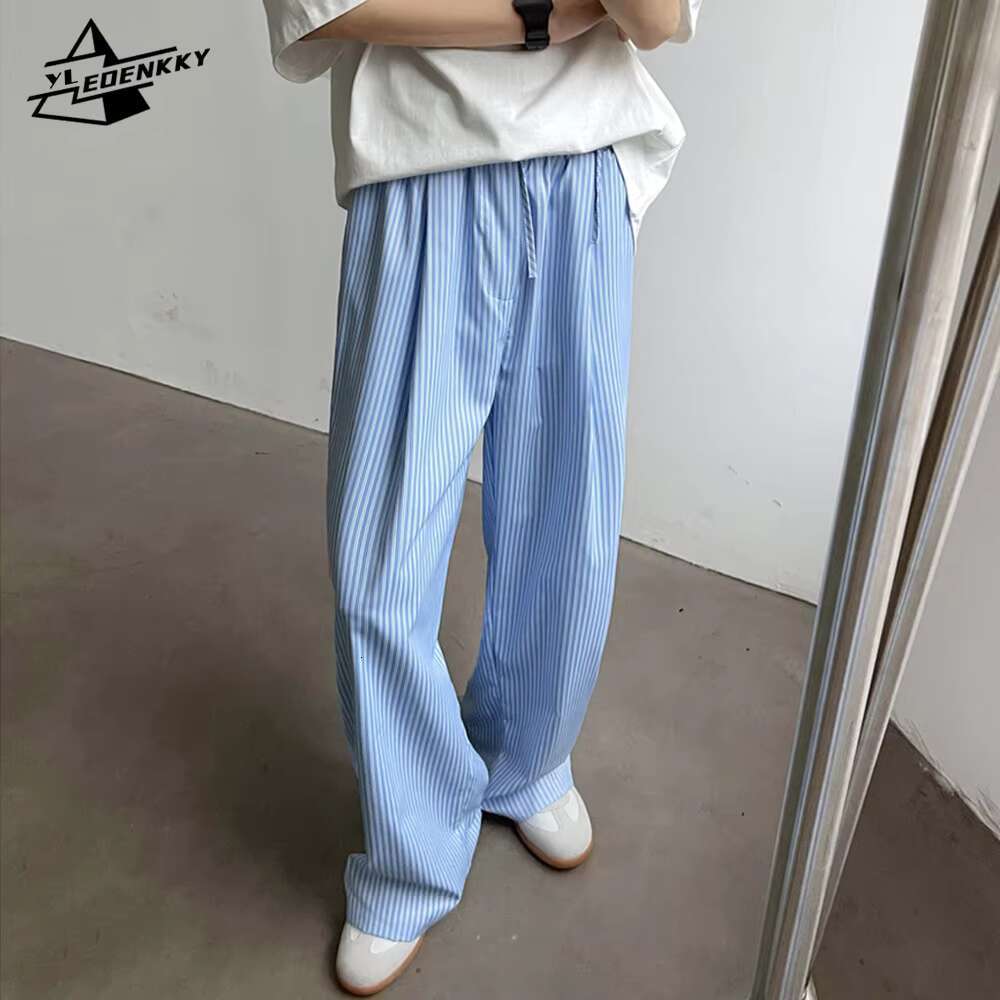 Korean lazy wind Casual Pant Men Women Blue Vertical Stripes Quick-drying Straight Trousers Haruku Loose Wide Leg Unisex Pants