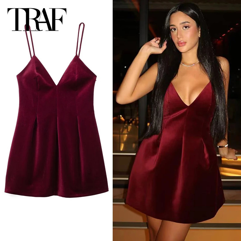 TRAF 2024 Womens Velvet Skirt Wrinkled Tight corset Red Dress Burgundy Sleeveless Backless Tank Top Warm 250206