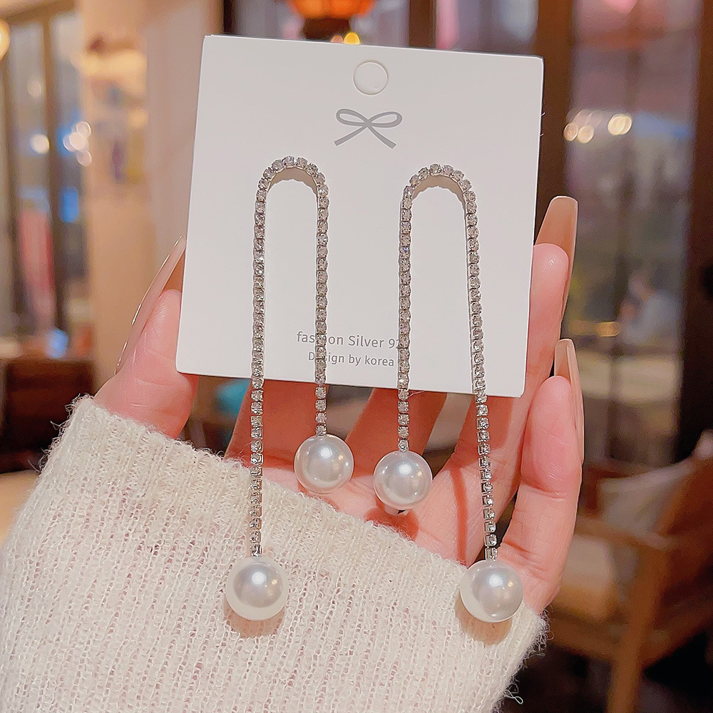 Women's Earrings 2PCS/LOT S925 Pearl Tassel Earrings Exaggerated Colored Rhinestone Personalized Earrings