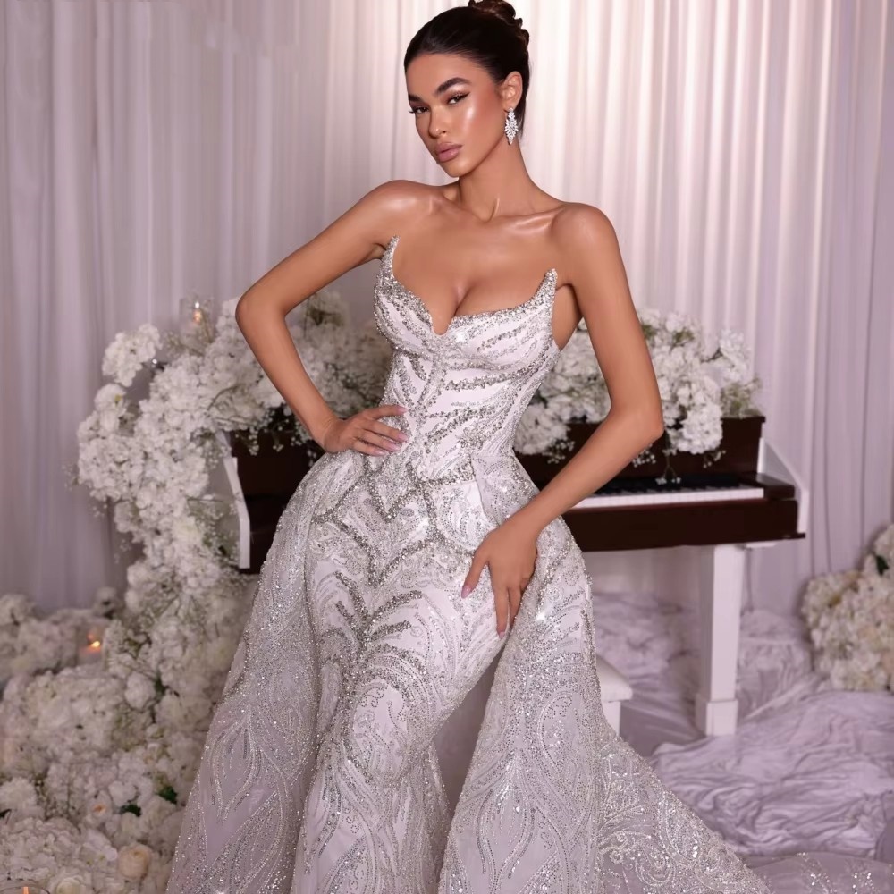 Gorgeous Mermaid Wedding Dress Sweetheart Neck Sleeveless Bridal Gowns Sequins Crystal Detachable Train Dresses Custom Made vestidos de novia