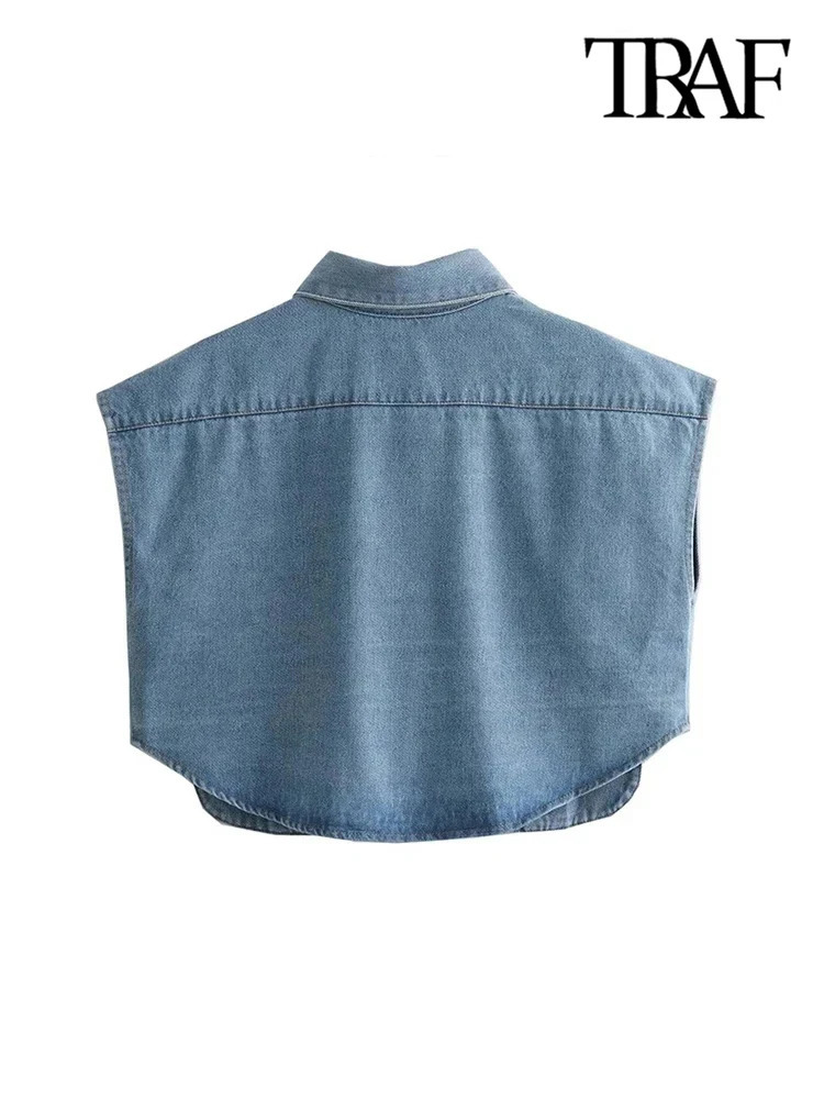 TRAF Women Fashion With Pockets Cropped Denim Shirts Sexy Sleeveless Buttonup Female Blouses Blusas Chic Tops 250121