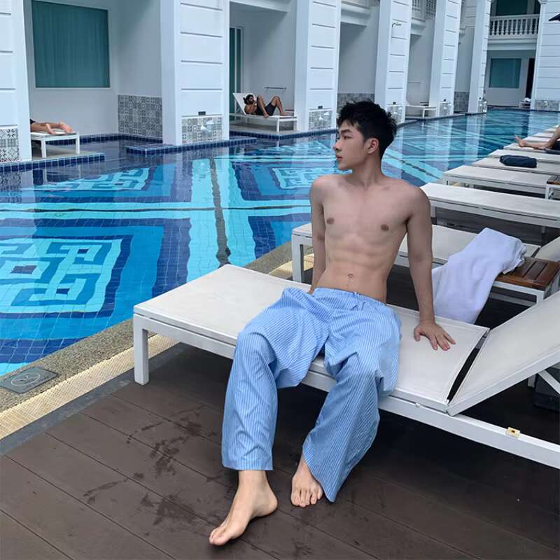 Korean lazy wind Casual Pant Men Women Blue Vertical Stripes Quick-drying Straight Trousers Haruku Loose Wide Leg Unisex Pants