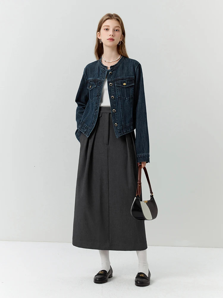 FSLE Retro Denim Short Jacket For Women Autumn Round Neck Female Dark Denim Blue Coats Button Pocket Decoration Jackets 250122