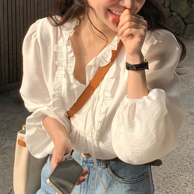 Spring Autumn White Lace Up Womens Blouse 2025 Ruffles Long Sleeve Korean Casual Loose Vneck Shirts Female 250121