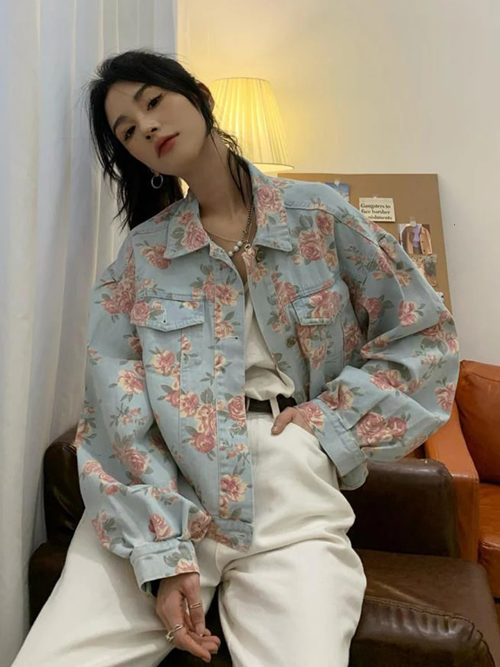 Jmprs Vintage Rose Floral Denim Jacket Korean Loose Elegant Short Coat Sweet Long Sleeve Casual Lady Retro Harajuku Tops 250113