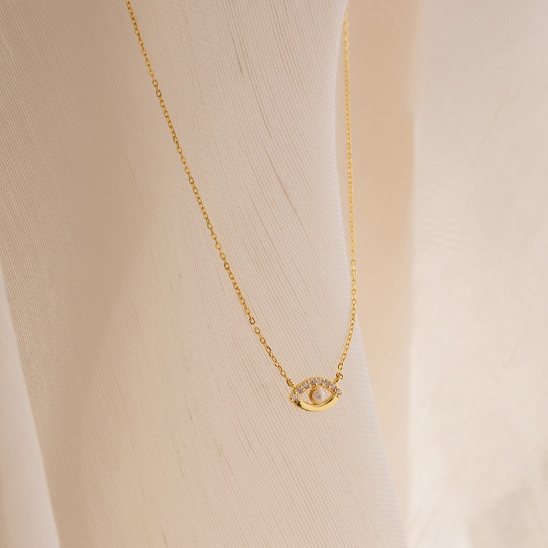 Pave Diamond Evil Eye Charm Necklace Dainty Crystal Necklace with Pearl Bead Perfect Gift for Her