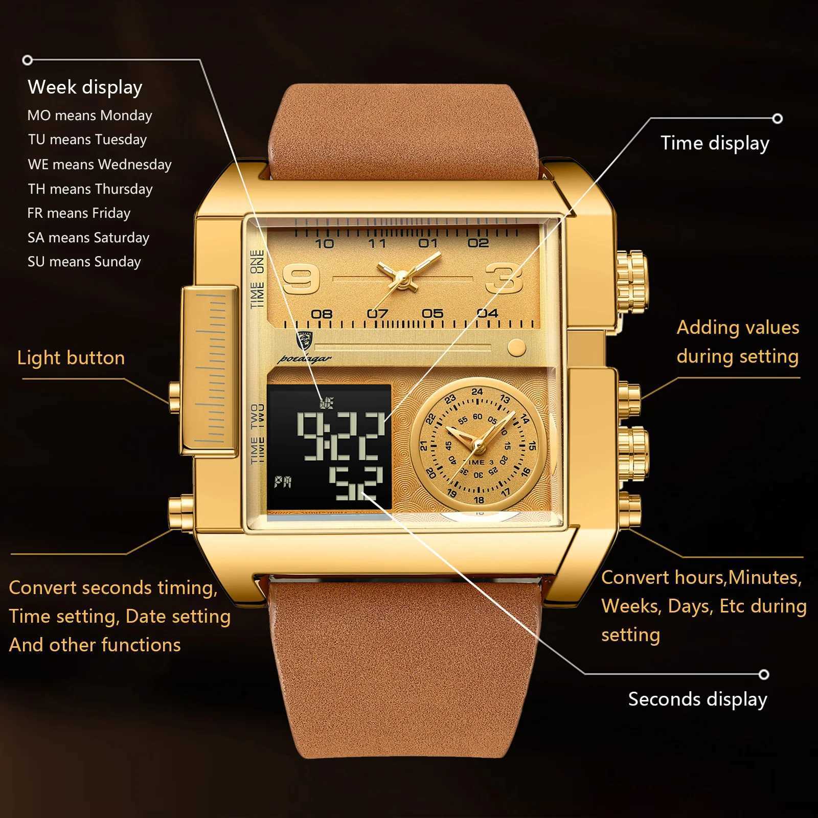 POEDAGAR Luxury Man Wristwatch Rectangle Waterproof Luminous Day Week Men Watch Digital Multifunction Mens Watches Quartz Reloj Z250207