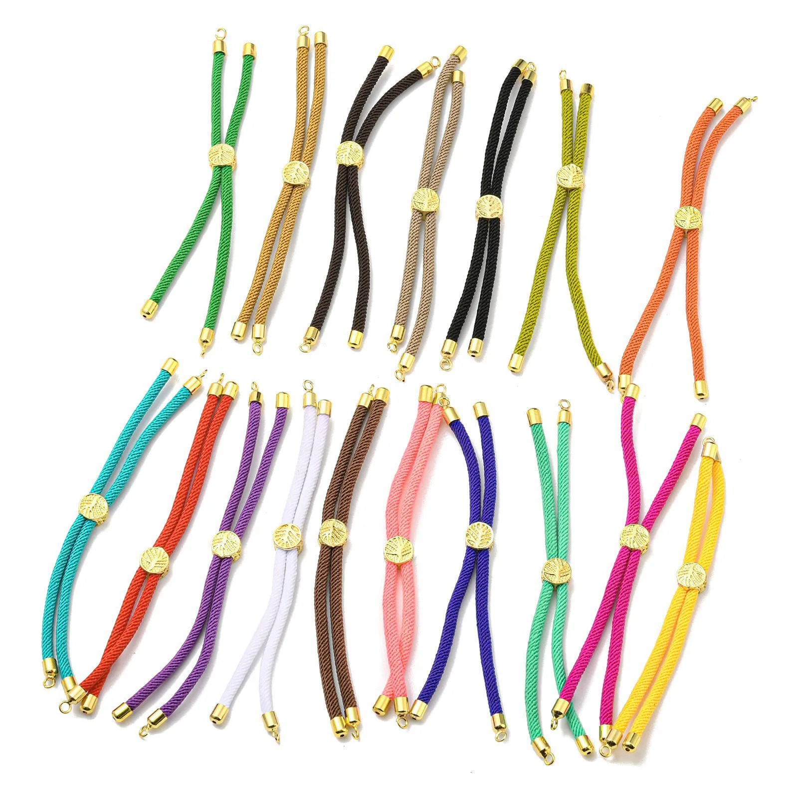20pcs Colorful Adjustable Nylon Cord Bracelet with Golden Tree Slider Bead Fit for Connector Charms DIY Jewelry Making 22cm long 250221